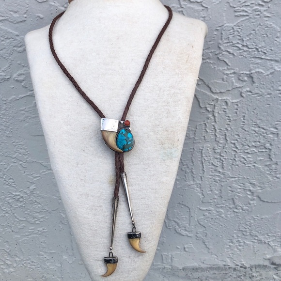 Vintage Native American Sterling Bennett Turquoise Carnelian Talon Claw Bolo - Picture 4 of 14